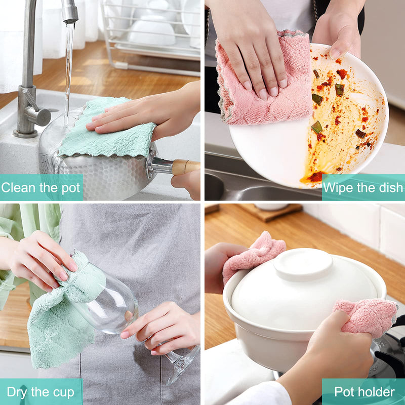 BUEDM 12 Pack Kitchen Cloth Dish Towels, 12x12 inch Soft Premium Dishcloths, Absorbent Microfiber Cleaning Cloth for Cleaning Dishes, Kitchen, Bathroom, Car Green Pink Gray - BeesActive Australia