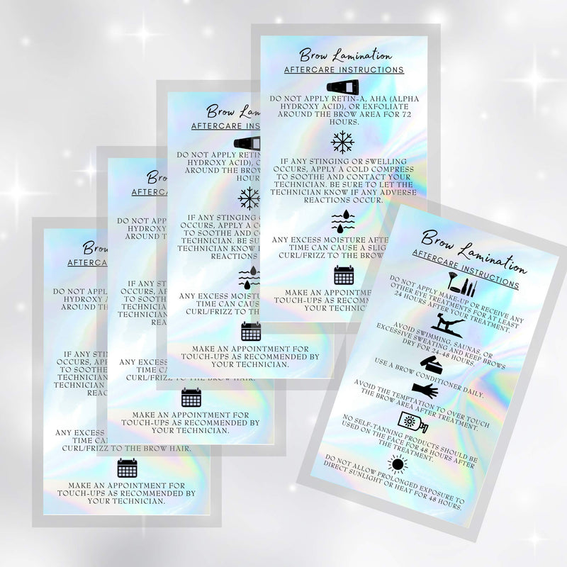 Brow Lamination Aftercare Instruction Cards | 50 Pack | 2x3.5” inches Business Card Size | Starter Lift Kit At Home DIY Brow Lift and Tint | Snatched Brows Holographic Look Design - BeesActive Australia