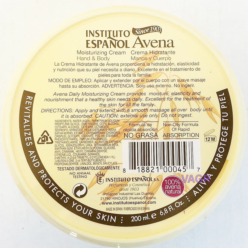 Instituto Espanol Avena Daily Moisturizing Hand & Body Cream, 6.8 Oz (Pack of 2) - BeesActive Australia