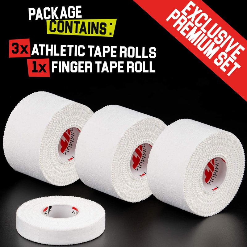 Summum Fit Athletic Tape Extremely Strong: 3 Rolls + 1 Finger Tape. Easy to Apply & No Sticky Residue. Sports Tape for Boxing, Football or Climbing. Enhance Wrist, Ankle & Hand Protection Now White - BeesActive Australia