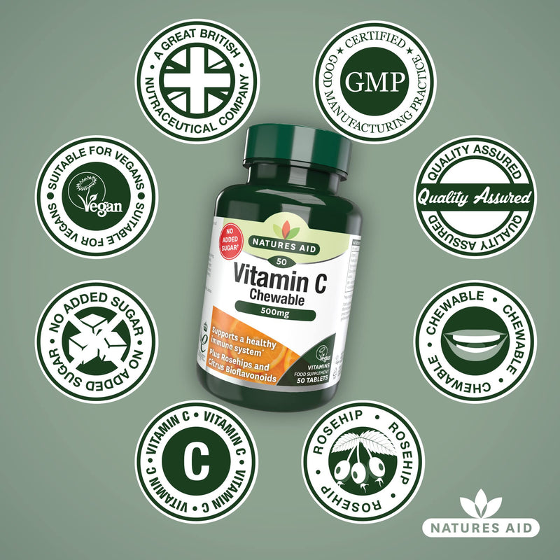 Natures Aid Chewable Vitamin C 500 mg, Sugar Free, Suitable for Vegans, 50 Tablets - BeesActive Australia