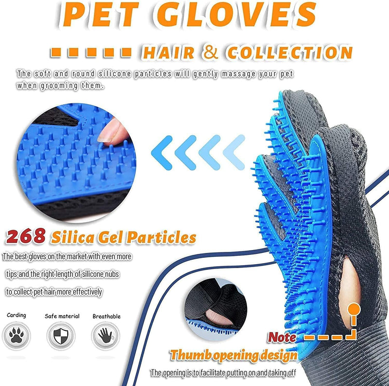Pet Grooming Glove Hair Remover Brush Gentle Deshedding Efficient Pet Mitt Pet Massage Gloves Left & Right Hand Draw Dogs Cats Horses Long Short Fur (1Pair Left & Right Hand) Blue - BeesActive Australia