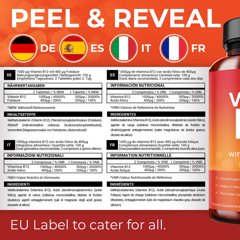 Vitamin B12 Supplements with Folic Acid - 200 Tablets of 1000mcg Vegan B12 - Non-GMO & Gluten-Free - Made in UK - BeesActive Australia