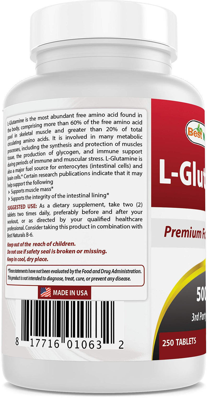 Best Naturals L-Glutamine 500 mg 250 Tablets (250 Count (Pack of 1)) 250 Count (Pack of 1) - BeesActive Australia