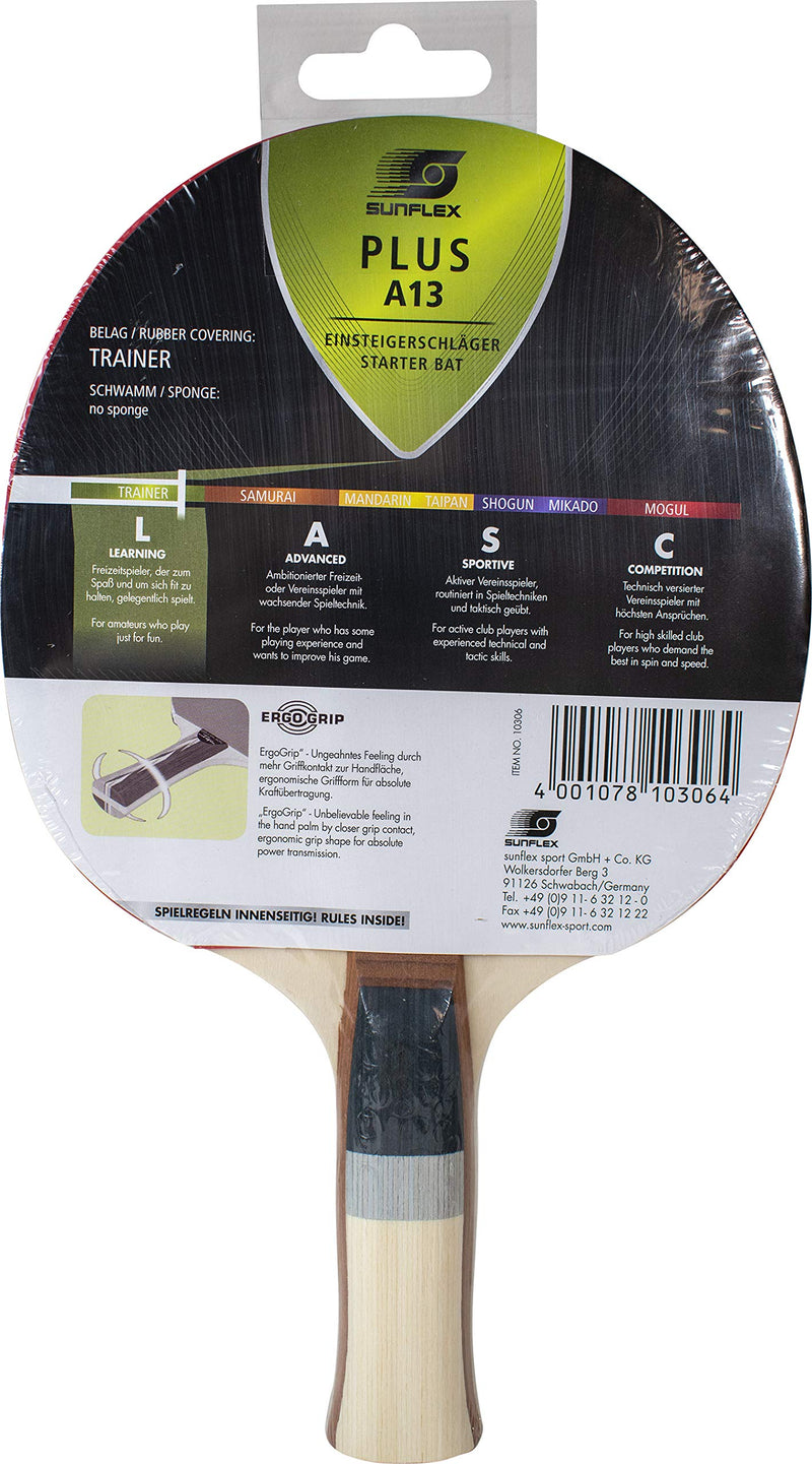 Sunflex Plus A13 Table Tennis Racket - Starter Ping Pong Bat for Training Wooden Handle with Ergo Grip - Smooth Rubber Racket with Inverted Pips Without Sponge - BeesActive Australia