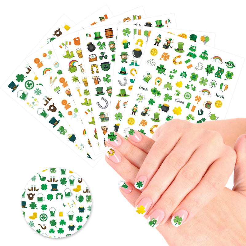 St. Patrick's Day Nail Art Stickers Decals 6 Sheets Shamrock 3D Self-Adhesive Supplies Clover Beer Leprechaun Rainbow Nail Design for Women Irish Decal DIY Manicure - BeesActive Australia