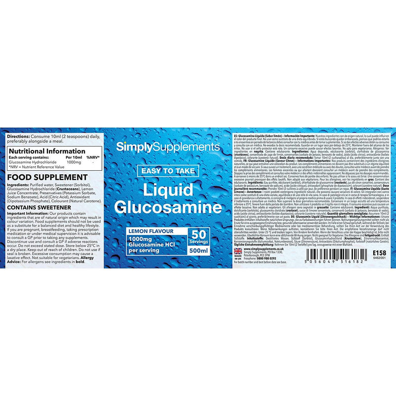 Liquid Glucosamine | Lemon Flavour | 500ml Bottle | 1000mg Glucosamine HCl Per Serving | 50 Servings - BeesActive Australia