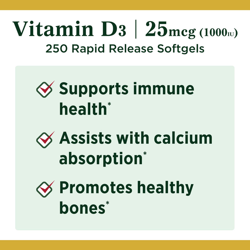 Vitamin D by Nature’s Bounty for immune support. Vitamin D provides immune support and promotes healthy bones. 1000IU, 250 Softgels 250 Count (Pack of 1) - BeesActive Australia