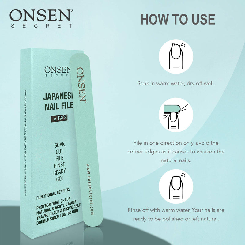 Onsen Japanese Nail File - Professional 6-Pack Nail Files, Double Sided Natural and Acrylic Nail Filers - 120/180 Grit - Disposable, Salon Smooth, Travel Best Nail File For Shiny Nails (6 Counts) 6 Count - BeesActive Australia