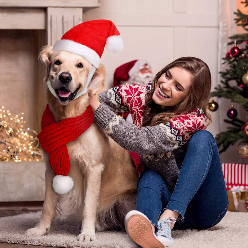 4 Pieces Christmas Dog Scarf with Santa Hat 2 Adjustable Christmas Pet Hat and 2 Pet Knit Red Scarf with White Pompom Ball Striped Scarf Winter Pet Accessory for Small Medium Large Dog - BeesActive Australia