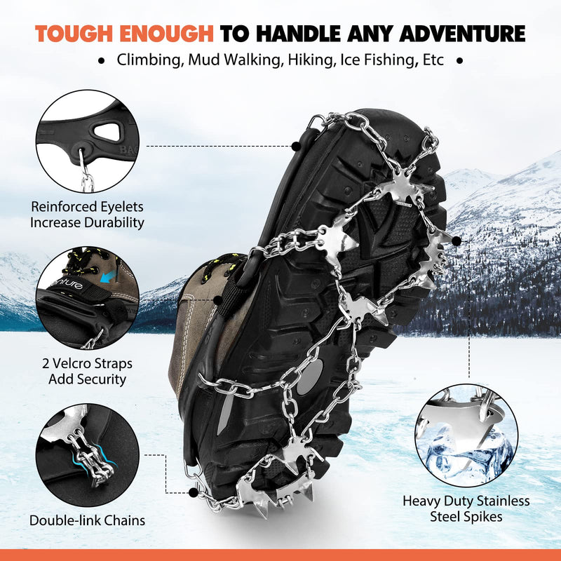 Hikenture Ice Cleats Crampons for Hiking Boots, 19 Spikes Shoe Ice & Snow Grips , Anti Slip Traction Cleats for Ice and Snow, Stainless Steel Microspikes for Hiking, Fishing, Walking, Mountaineering Large Black - BeesActive Australia