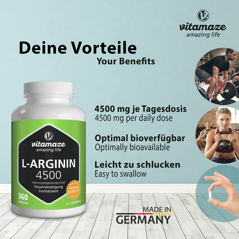 L-Arginine High Strength 4500 mg - 360 Capsules - Sport Performance Booster - Natural Supplement of Pure L Arginine Without Additives, German Quality- Vitamaze - BeesActive Australia