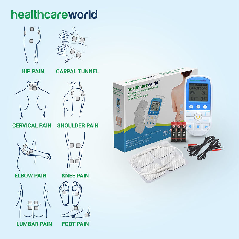 TENS Machine Plus EMS Massager Combo Device TENS Muscle Stimulator & Massage Dual Channel Pain Reliever by Healthcare World - BeesActive Australia