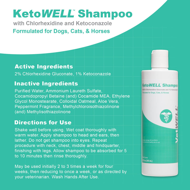 VetWELL Ketoconazole Chlorhexidine Shampoo for Dogs & Cats - Medicated Shampoo for The Treatment of Skin Infections, Growths, Abrasions, Acne, & Hot Spots Oatmeal & Aloe 12oz Mint Scent - BeesActive Australia