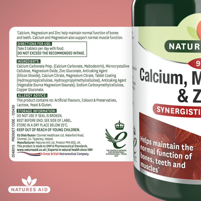 Natures Aid Calcium, Magnesium and Zinc, Maintain Normal Bones, Teeth and Muscle Function, Vegan, 90 Tablets Calcium, Magnesium and Zinc, 90 Tablets - BeesActive Australia