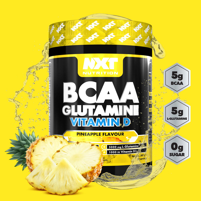 NXT Nutrition BCAA, Glutamine & Vitamin D | BCAAs Amino Acids with Vitamin D3 and L-Glutamine - for Recovery, Gut Health and Muscle Protein Synthesis | 360g - 30 Servings (Pineapple) - BeesActive Australia