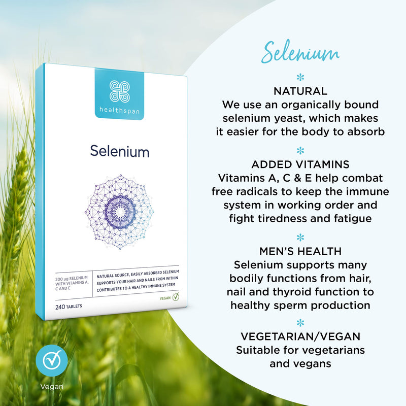 Healthspan Selenium | 240 Tablets | Highly Absorbable | with Vitamin C, A & E | Hair, Nails and Skin Health | Vegan - BeesActive Australia
