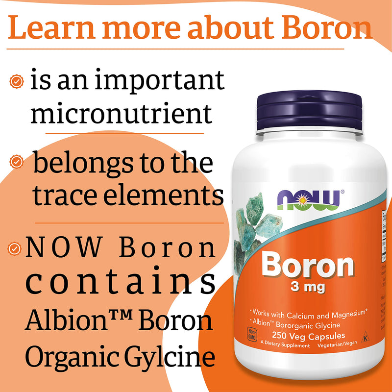 Now Foods, Boron, 3mg, 250 Vegan Capsules, Lab-Tested, Gluten Free, Soy Free, Non-GMO, Vegetarian - BeesActive Australia