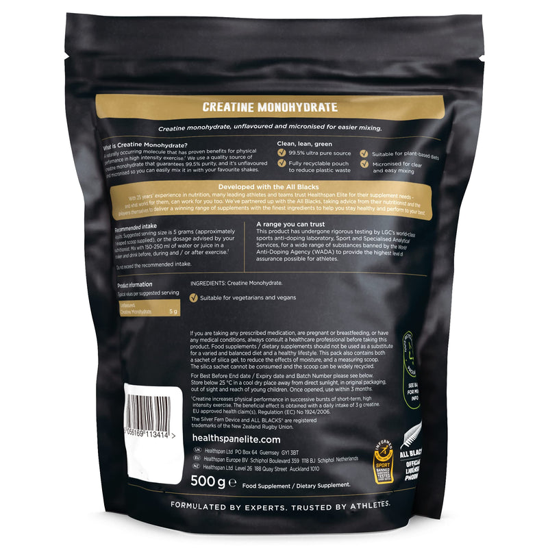 Healthspan Elite All Blacks Creatine Monohydrate (500g) | Increase Physical Performance & Intensity | Use During Exercise, or Pre/Post-Workout | Unflavoured | Vegan - BeesActive Australia