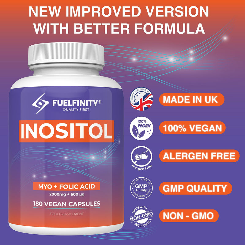 Myo-Inositol & Folic Acid | 2000mg Inositol | 180 Capsules | PCOS and Fertility Supplement | Vegan | FuelFinity� Superlative Manufacturing Standards | Capsule Format 180 count (Pack of 1) - BeesActive Australia