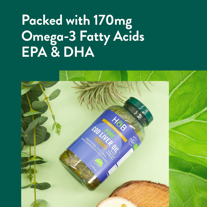 Holland & Barrett Pure Cod Liver Oil 1000mg - Natural Source of Omega-3, Vitamin A and Vitamin D - 240 Capsules 240 count (Pack of 1) - BeesActive Australia