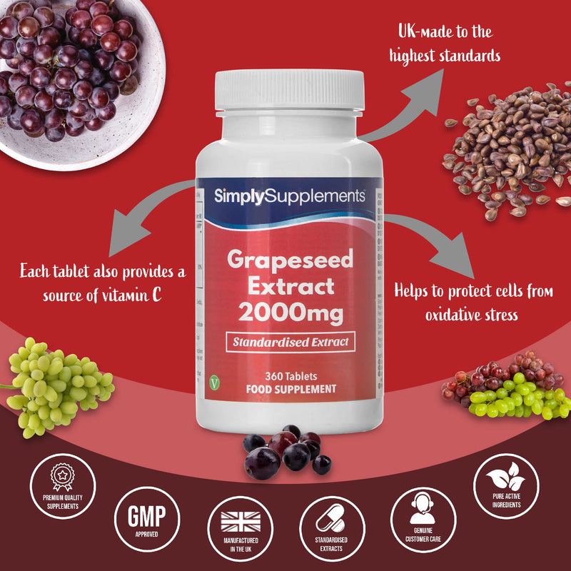Grapeseed Extract 2000mg | 360 High Strength Grapeseed Tablets with Added Vitamin C | Vegan & Vegetarian Friendly | Manufactured in The UK - BeesActive Australia