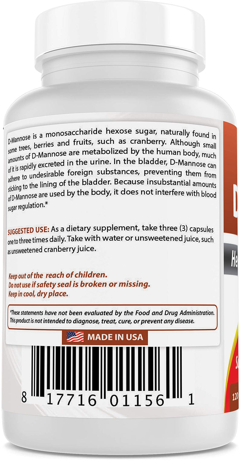 Best Naturals D-Mannose Capsules - Urinary Tract Cleanse Supplement 1500mg/Serving - 120 Count (120 Count (Pack of 1)) 120 Count (Pack of 1) - BeesActive Australia