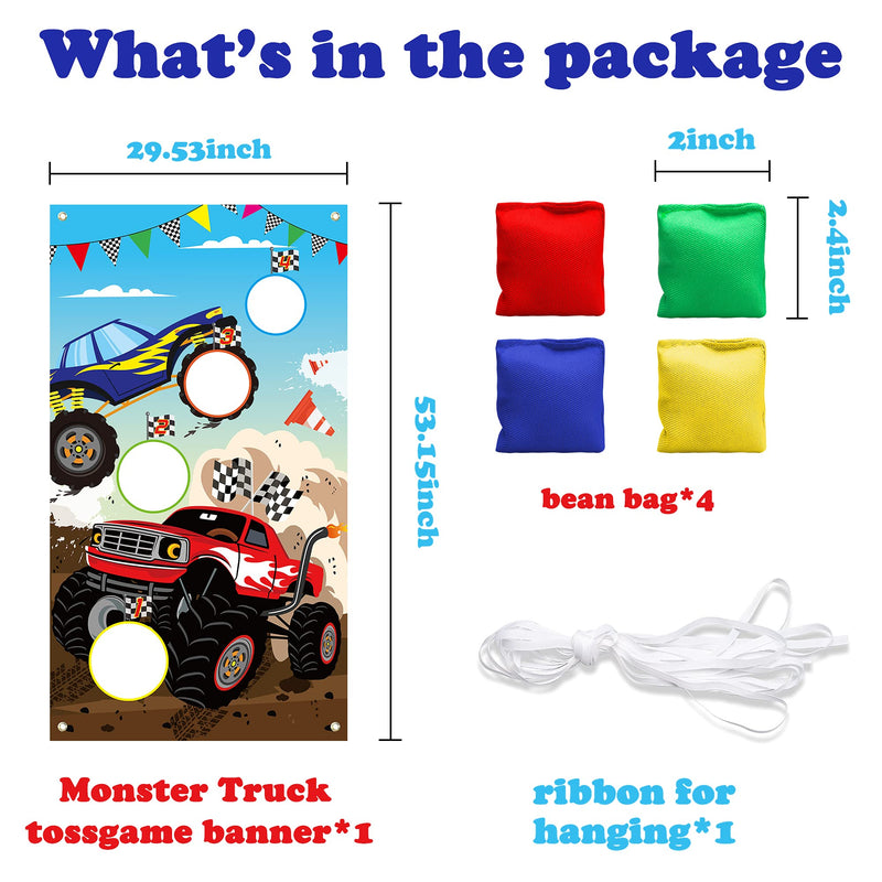 BeYumi Monster Truck Toss Game Banner with Bean Bags Checkered Party Game for Indoor Outdoor Activities 4 Score Holes Game Monster Truck Theme Birthday Party Supplies for Kid Adult - BeesActive Australia