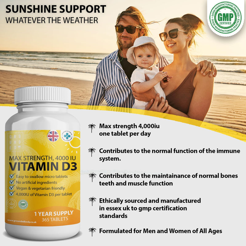 Vitamin D3 4000 IU Micro Tablets - 365 Day Supply, Easy to Swallow High Strength Premium Sunshine Vitamin | Max Strength Vitamin D Supplement, Vegetarian & Vegan Friendly, Made in UK by Grounded - BeesActive Australia
