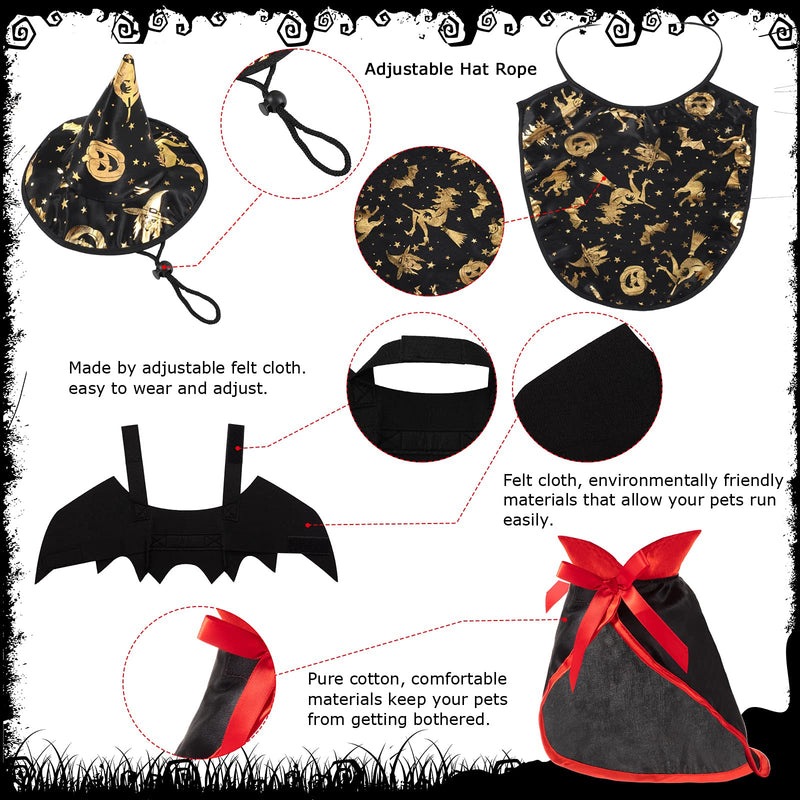 Frienda 4 Pieces Halloween Pet Costume Sets Cat Bat Costume with Bell Halloween Pet Cat Witch Cape Pet Vampire Costume Cloak Cat Witch Hat for Cats Kitten Puppy Cosplay Party Decoration - BeesActive Australia