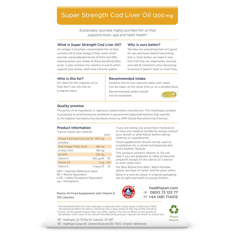 Healthspan Super Strength Cod Liver Oil 1,200mg (120 Capsules) | Supports Heart, Brain & Eye Health | Added Vitamin A, D3 and Calcium | Rich in Omega-3 Fatty Acids DHA & EPA | Sustainably Sourced - BeesActive Australia
