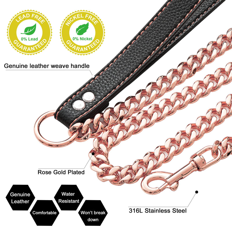 GZMZC Rose Gold Chain Dog Leash 12MM Heavy Duty Dog Leash Chains with Leather Padded Handle for Large Dogs Collar Chain (3FT, 4FT, 5FT 3ft Total Length(Pack of 1) - BeesActive Australia