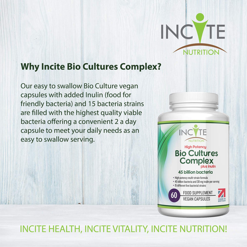 Bio Cultures Complex 45 Billion CFU with 30mg of Inulin Friendly Bacteria 60 Premium High Strength Vegan Capsules 15 Bacteria Strains Suitable for Vegans Vegetarians Made in The UK (45 Billion CFU) - BeesActive Australia