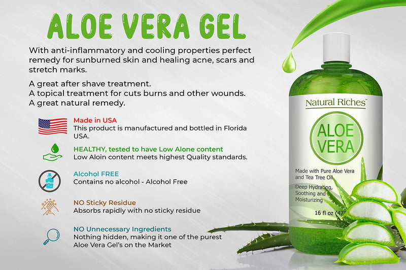 Aloe Vera Gel with Tea Tree oil for Face & Dry Skin Helps Cold Sores, Scars, Bug Bites, Sunburn, Razor Rash, Bumps Excellent DIY Body Lotion Skincare Moisturizer 16 oz. Natural Riches - BeesActive Australia