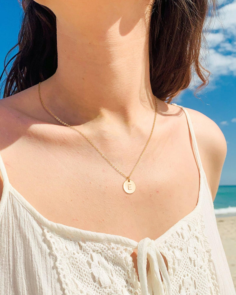 Bemoly Initial Necklace for Women Round 11MM Coin Disc Double Side Engraved Letter A-Z Hammered Pendant 14K Gold Plated Personalized Alphabet Birthday Jewelry 17.5" E - BeesActive Australia