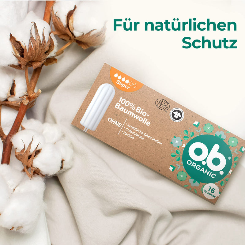 o.b. Organic Super, Organic tampons for Strong Days, Made from 100% Organic Cotton for Reliable and Natural Protection (1 x 16 Pieces) - BeesActive Australia
