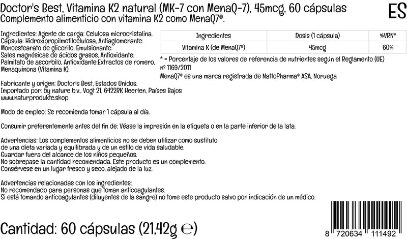 Doctor's Best, Natural Vitamin K2, MK-7 with MenaQ-7, 45mcg, 60 Vegan Capsules, Lab Tested, Gluten Free, SOYA Free, Vegetarian 60 count (Pack of 1) - BeesActive Australia