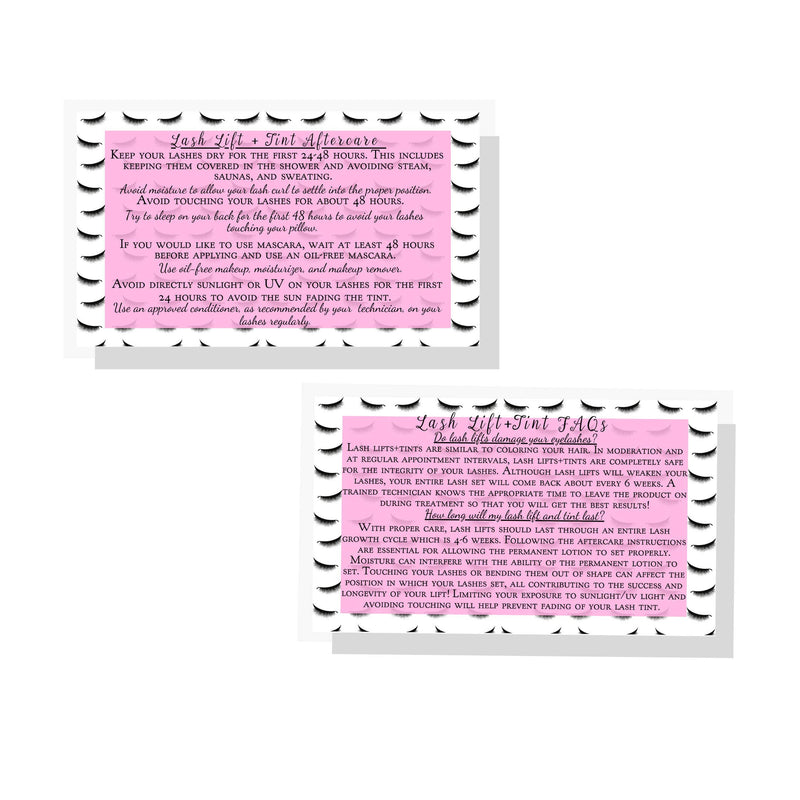 Lash Lift + Tint Aftercare Instruction Cards | 50 Pack | 2 x 3.5” inches Business Card Size | Eyelash Lift and Tint Kit at Home DIY aftercare Supplies | Lash Print with Pink Inlay Design - BeesActive Australia