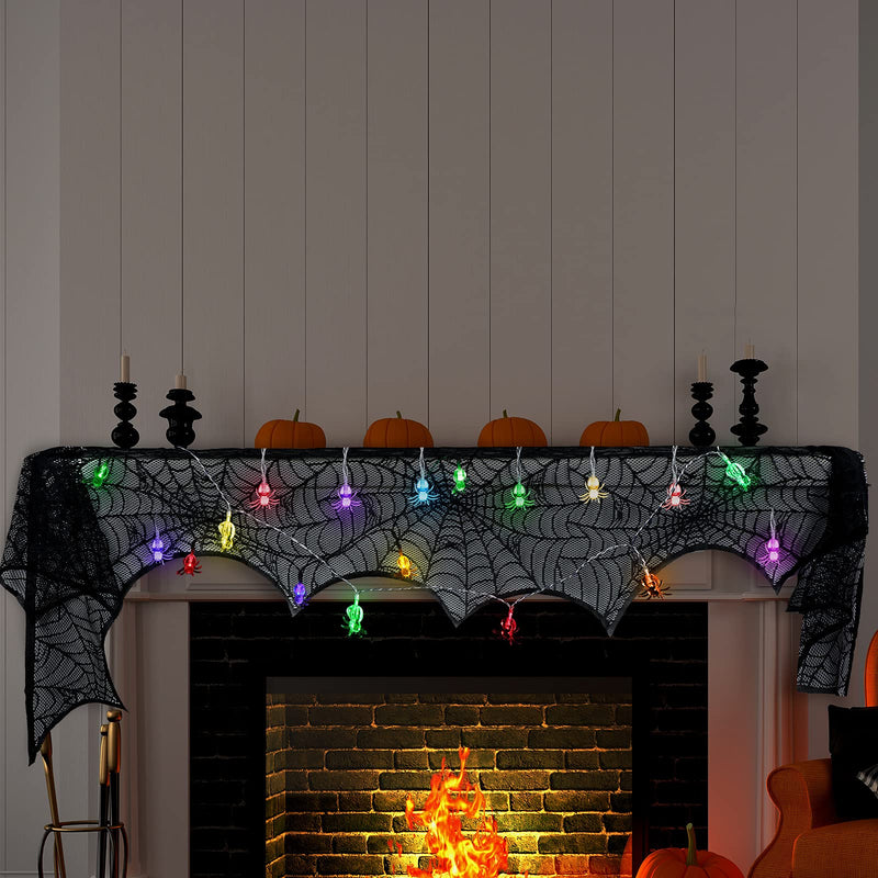 Halloween Black Lace Spider Web Fireplace Ornament Spooky Bat Spiderweb Lace Tablecloth Fireplace Mantel Scarf Cover with 10 LED Spider Lights Halloween Spider String Lights for Table Door Fireplace - BeesActive Australia