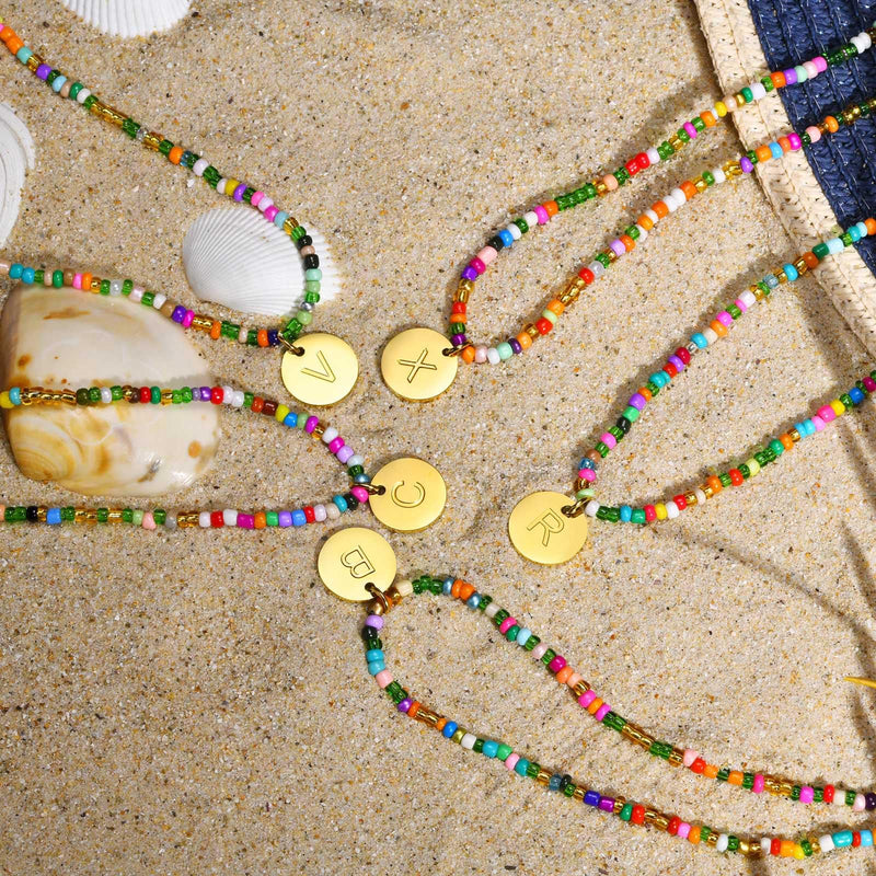 MPRAINBOW Colorful Beaded Initial Necklaces - Handmade Layered Gold Choker Summer Boho Letter Necklace Jewelry for Women Teen Girls Sister Friends,Beach Surfer Necklace Holiday Birthday Gift for Her A - BeesActive Australia