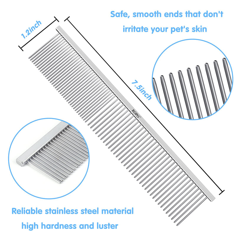 ROPO Dog Combs for Detangling and Knots - Stainless Steel Cat Combs with Round Teeth - Pet Combs for Dogs - Professional Grooming Tools for Long and Short Hair Dogs, Cats and Other Pets Silver - BeesActive Australia
