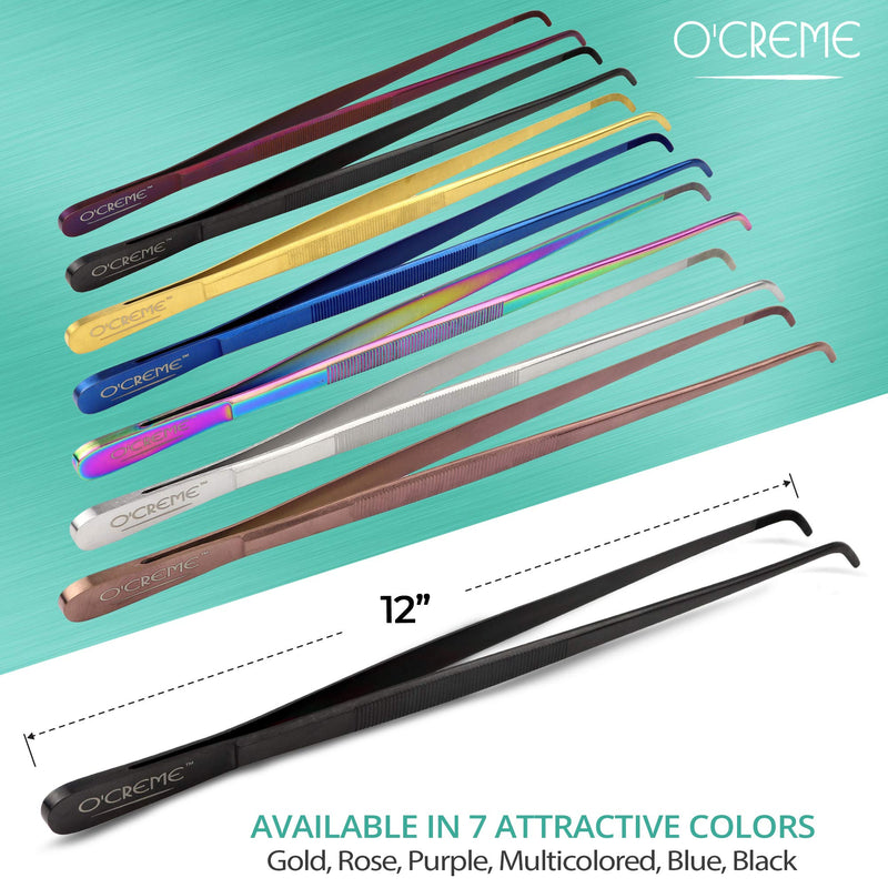 O'Creme 12 Inch Stainless Steel Precision Kitchen Culinary Tweezer Tongs (12" Curved, Gold) 12" Curved - BeesActive Australia
