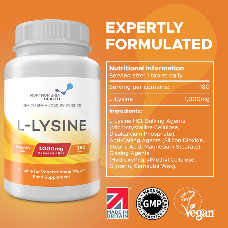 L-Lysine 1000mg High Strength Tablets, 180 Vegan Tablets (6 Month Supply) Essential Amino Acid, Normal Growth & Muscle Turnover, Made in The UK by Northumbria Health - BeesActive Australia