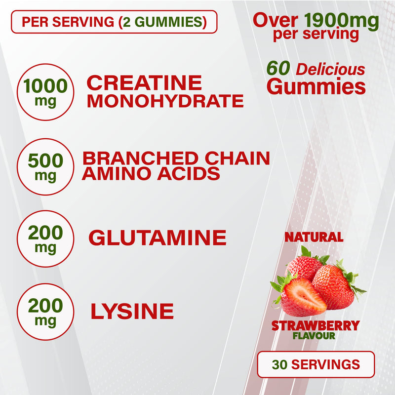 Muscle Boost - Recovery, Creatine, BCAA, Glutamine, Lysine, Chewable Gummies for Men & Women - 60 Gummies - 1900mg Active per Serving - Natural Strawberry Flavour, Suitable for Vegans - BeesActive Australia