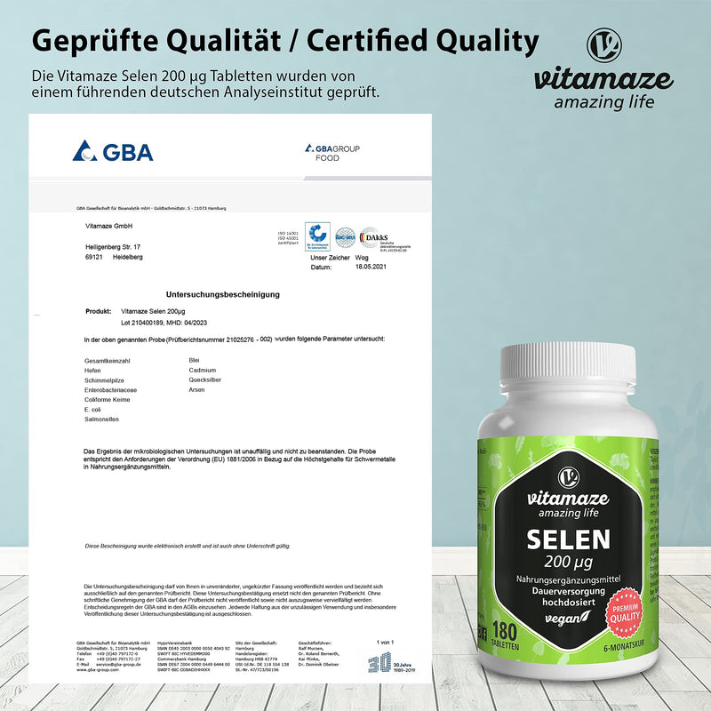Vitamaze® Selenium 200 mcg, High Strength Mineral, 180 Vegan Tablets for 6 Months, Natural & Organic Supplement Without Additives, German Quality - BeesActive Australia