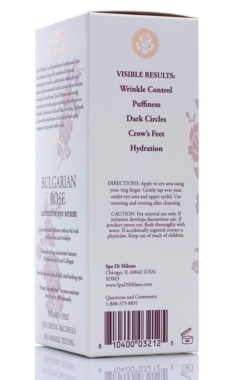 Spa Di Milano Bulgarian Rose Eye Serum w/Hyaluronic Acid, Collagen, Peptides & Coffee Bean Extract. Anti-aging eye serum for Wrinkles, Puffiness, Dark Circles, Bags, Crows feet. 1 fl oz (30mL) - BeesActive Australia