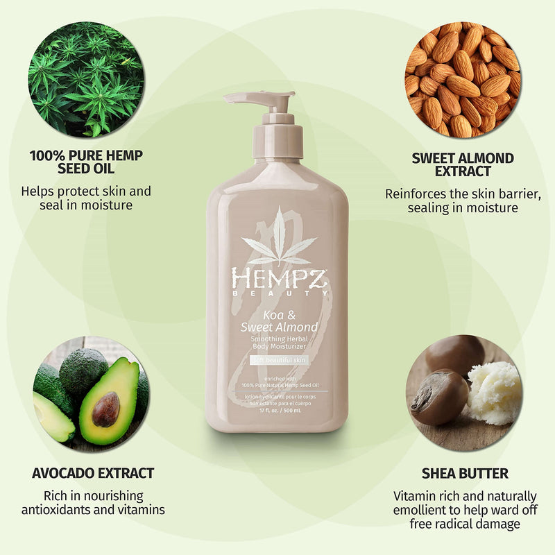 Hempz Smoothing Herbal Body Moisturizer, Koa & Sweet Almond, 17 oz - Hydrating, Lightweight Body Lotion for Women and Men with 100% Pure Hemp Seed Oil, Shea Butter - Premium Vegan Lotion for Dry Skin 17 Fl Oz - BeesActive Australia