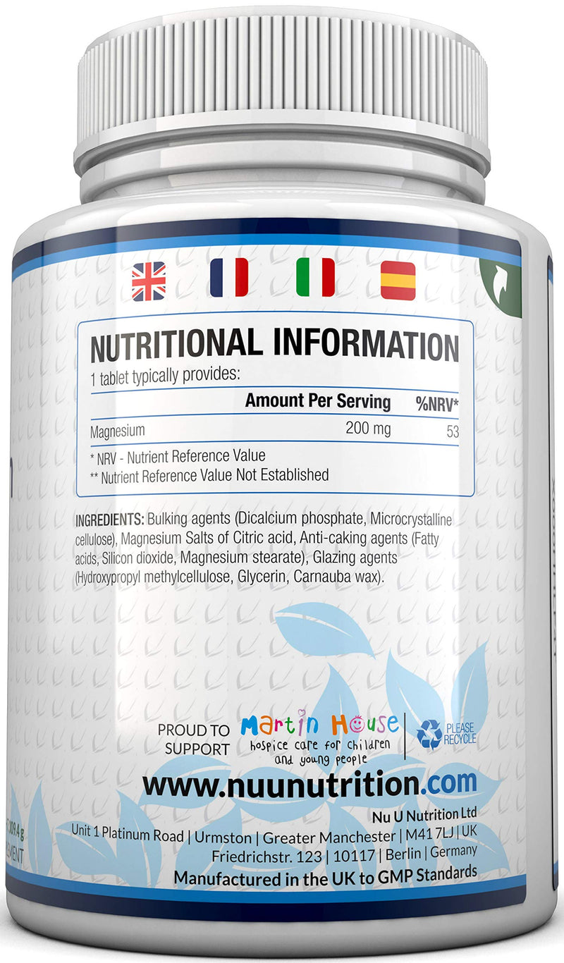 Magnesium Citrate 200mg | 180 Tablets for 6 Month Supply of Magnesium Tablets | Made in The UK by Nu U Nutrition - BeesActive Australia