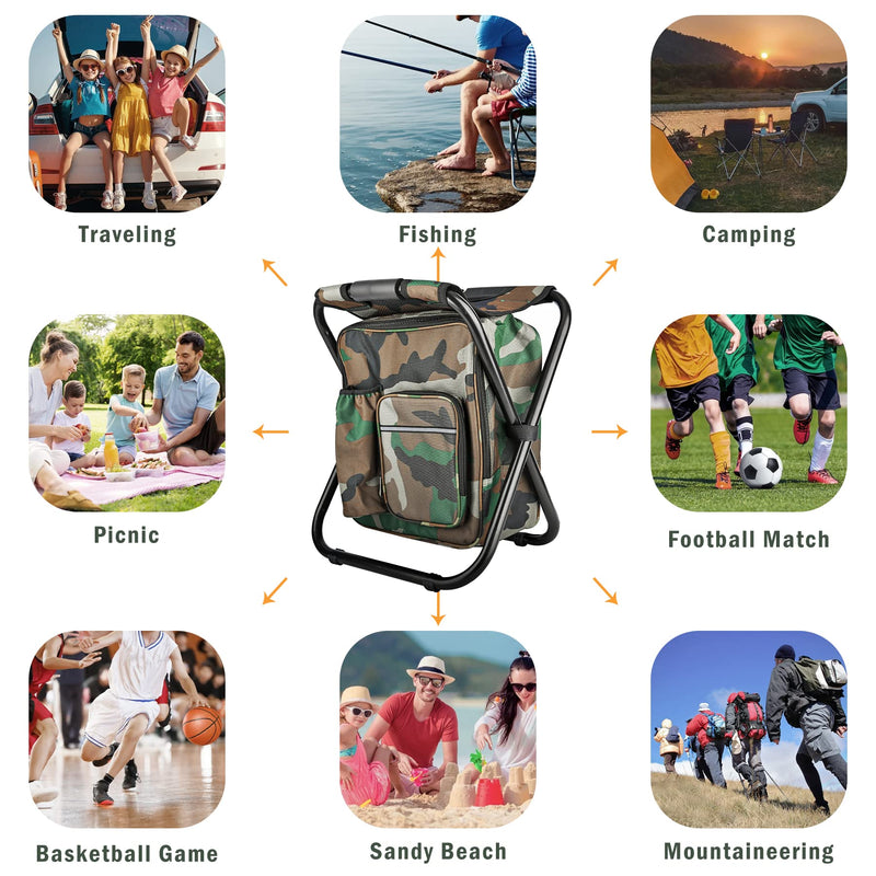 Folding Stool Backpack Insulated Cooler Bag, Collapsible Camping Hunting Fishing Multifunction Chair with Front Pocket and Bottle Pocket for Outdoor Events, Hiking, Travel, Beach Camouflage - BeesActive Australia