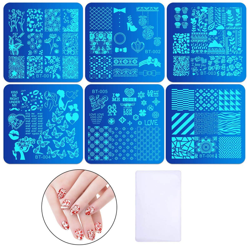 Biutee Stamping Plates for Nails Kit 6PCS Square Nail Stamping Plates 1PCS Nail Stampers 1PCS Scraper Nail Art Stamp Template Image Plate Stencils Tool for Manicure Art Design Template Image Plate Pattern: Square Art Stamping Plates - BeesActive Australia